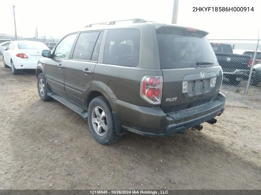 2006 Honda Pilot VIN: 2HKYF18586H000914 Lot: 12138545