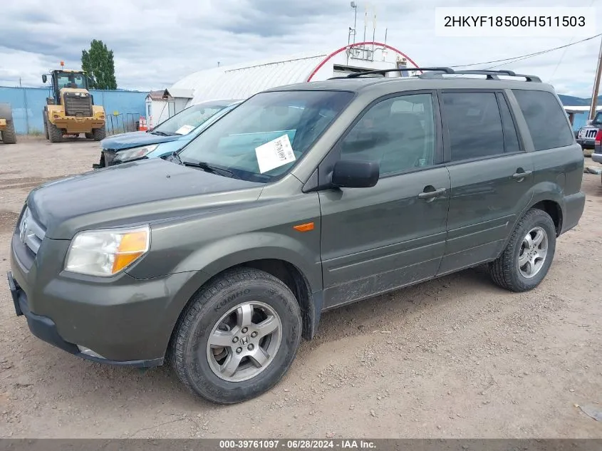 2006 Honda Pilot Ex VIN: 2HKYF18506H511503 Lot: 39761097