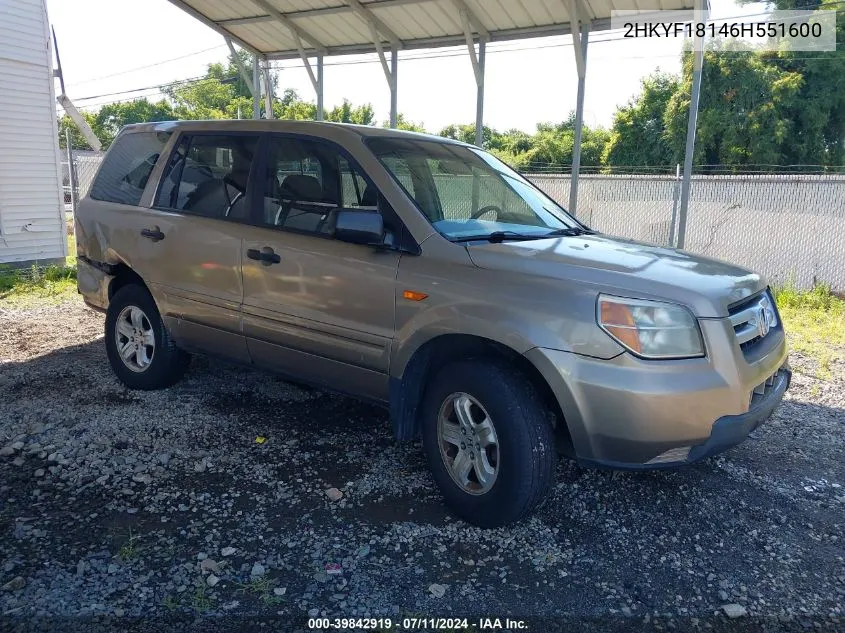 2006 Honda Pilot Lx VIN: 2HKYF18146H551600 Lot: 39842919