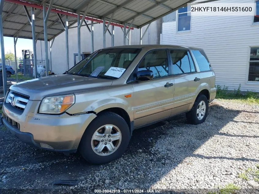 2006 Honda Pilot Lx VIN: 2HKYF18146H551600 Lot: 39842919