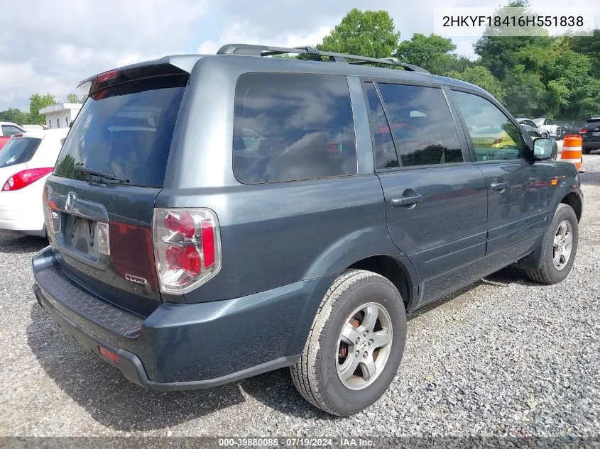 2006 Honda Pilot Ex VIN: 2HKYF18416H551838 Lot: 39880085