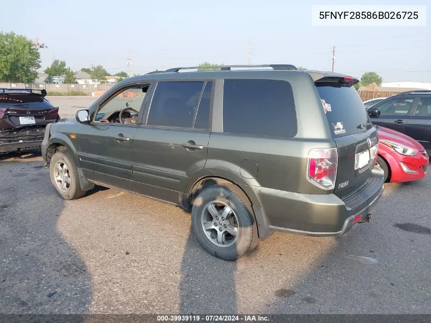 2006 Honda Pilot Ex-L VIN: 5FNYF28586B026725 Lot: 39939119