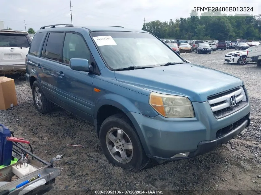 2006 Honda Pilot Ex VIN: 5FNYF28406B013524 Lot: 39953106