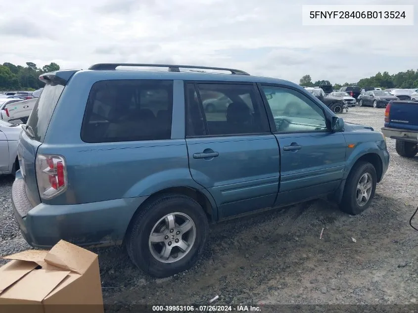 2006 Honda Pilot Ex VIN: 5FNYF28406B013524 Lot: 39953106