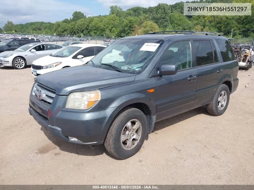 2006 Honda Pilot Ex-L VIN: 2HKYF18536H551297 Lot: 40013348