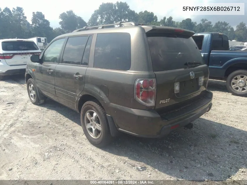 2006 Honda Pilot Ex-L VIN: 5FNYF285X6B026712 Lot: 40064091