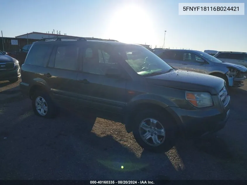 2006 Honda Pilot Lx VIN: 5FNYF18116B024421 Lot: 40160335