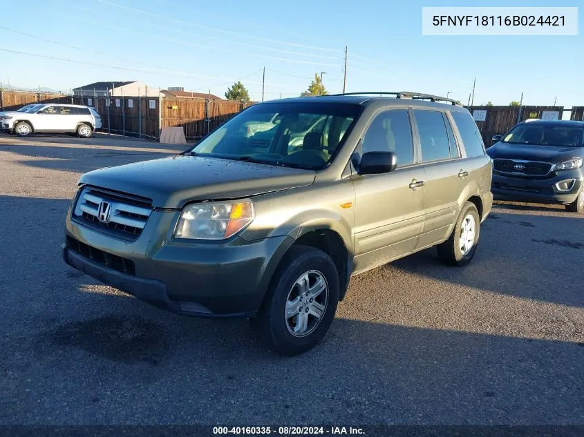 2006 Honda Pilot Lx VIN: 5FNYF18116B024421 Lot: 40160335