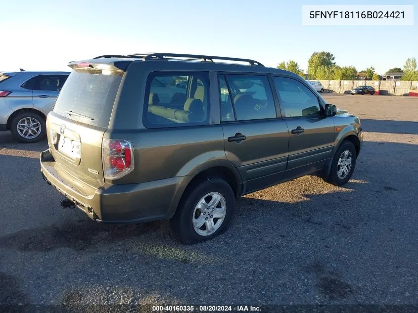 2006 Honda Pilot Lx VIN: 5FNYF18116B024421 Lot: 40160335