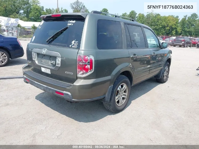 2006 Honda Pilot Ex-L VIN: 5FNYF18776B024363 Lot: 40185442