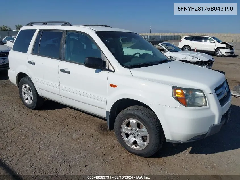 2006 Honda Pilot Lx VIN: 5FNYF28176B043190 Lot: 40289791