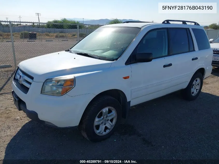 5FNYF28176B043190 2006 Honda Pilot Lx