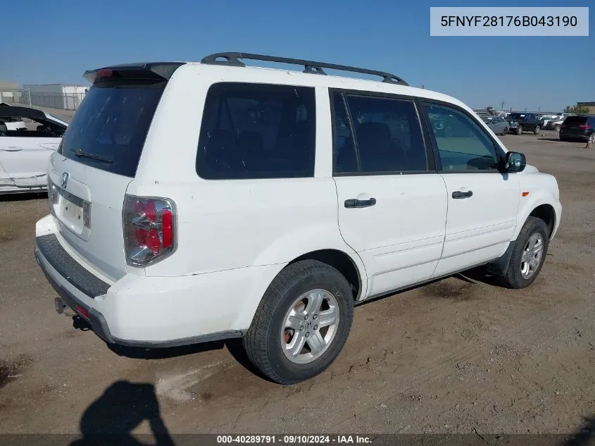 5FNYF28176B043190 2006 Honda Pilot Lx