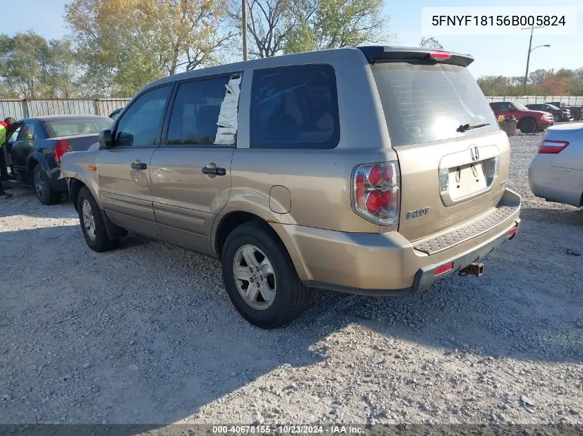 2006 Honda Pilot Lx VIN: 5FNYF18156B005824 Lot: 40678155