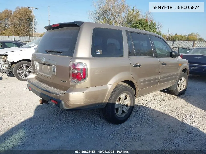 2006 Honda Pilot Lx VIN: 5FNYF18156B005824 Lot: 40678155