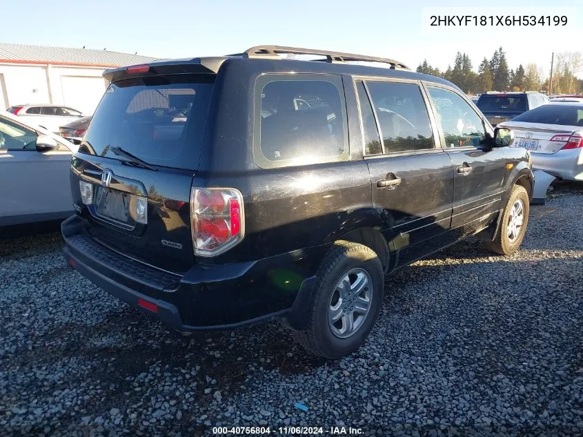 2006 Honda Pilot Lx VIN: 2HKYF181X6H534199 Lot: 40756804