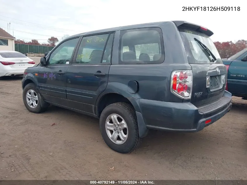 2006 Honda Pilot Lx VIN: 2HKYF18126H509118 Lot: 40792149