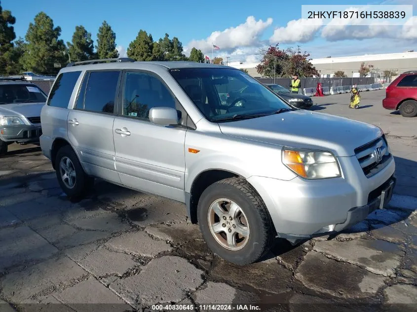 2006 Honda Pilot Ex-L VIN: 2HKYF18716H538839 Lot: 40830645