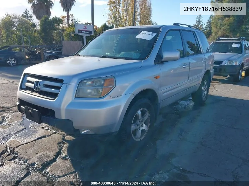 2006 Honda Pilot Ex-L VIN: 2HKYF18716H538839 Lot: 40830645