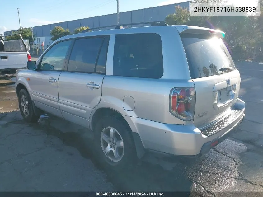 2006 Honda Pilot Ex-L VIN: 2HKYF18716H538839 Lot: 40830645