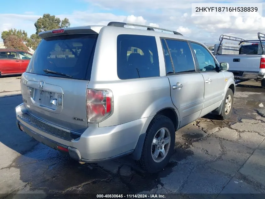 2006 Honda Pilot Ex-L VIN: 2HKYF18716H538839 Lot: 40830645