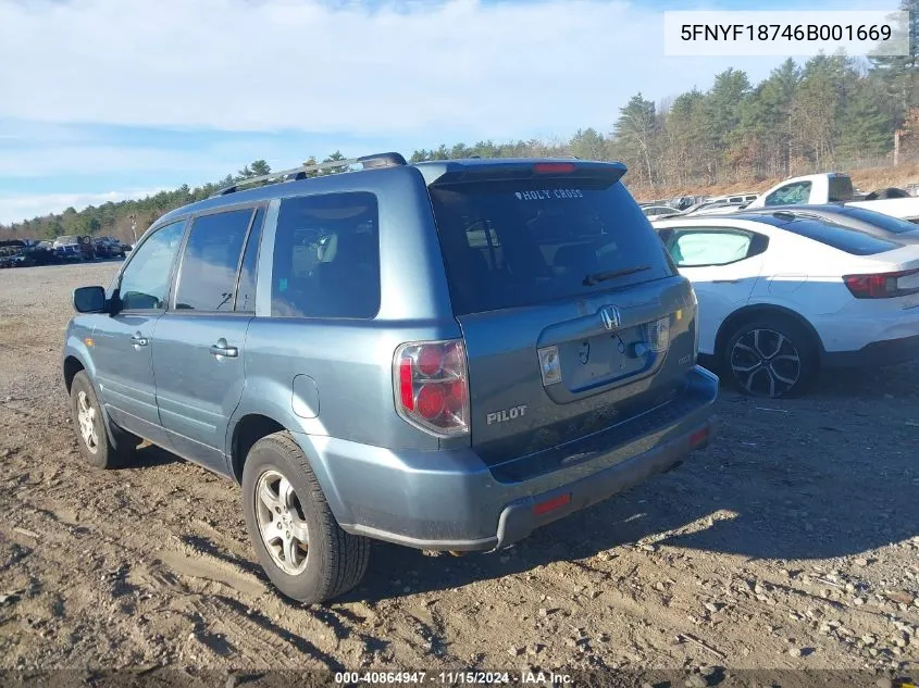 2006 Honda Pilot Ex-L VIN: 5FNYF18746B001669 Lot: 40864947