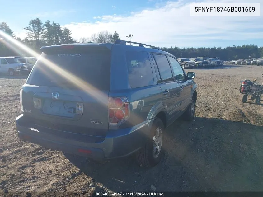 2006 Honda Pilot Ex-L VIN: 5FNYF18746B001669 Lot: 40864947