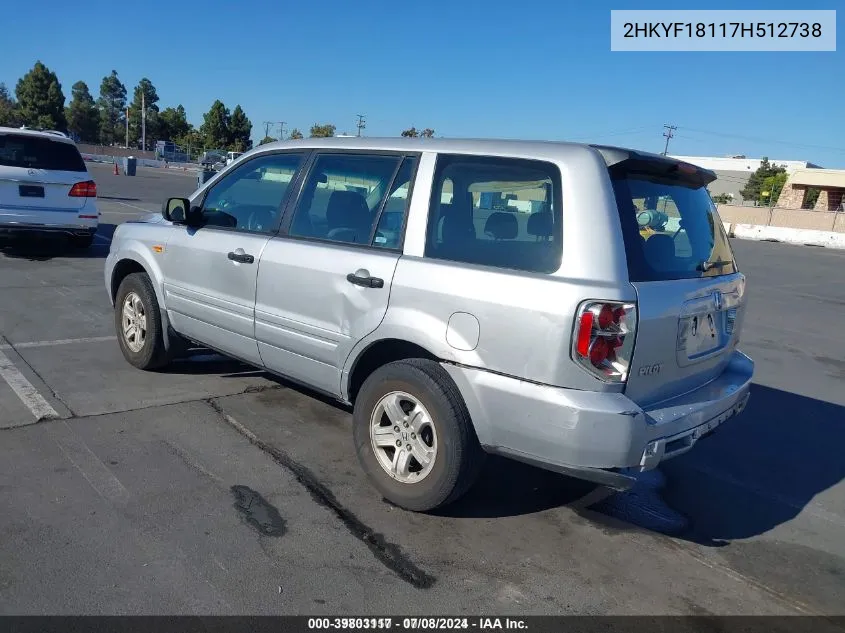 2HKYF18117H512738 2007 Honda Pilot Lx