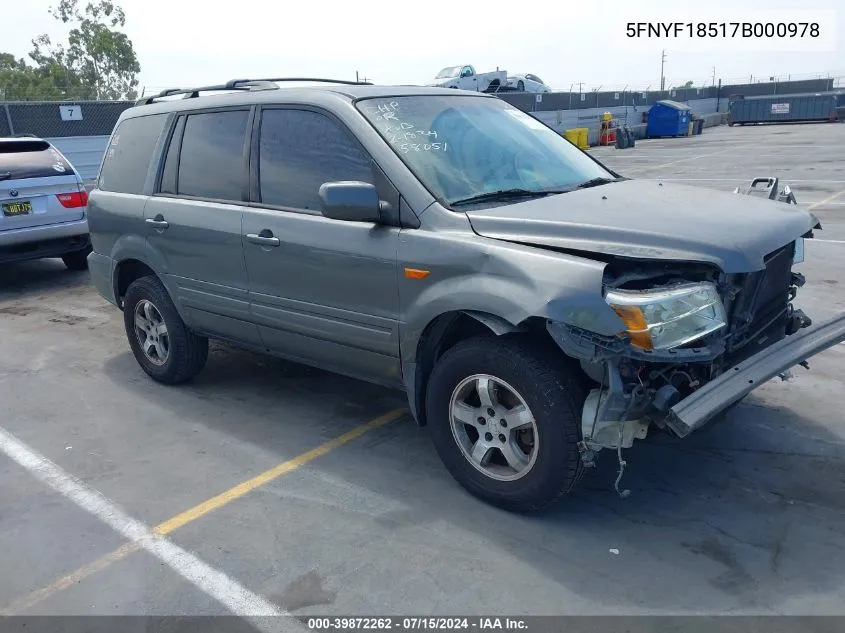 2007 Honda Pilot Ex-L VIN: 5FNYF18517B000978 Lot: 39872262