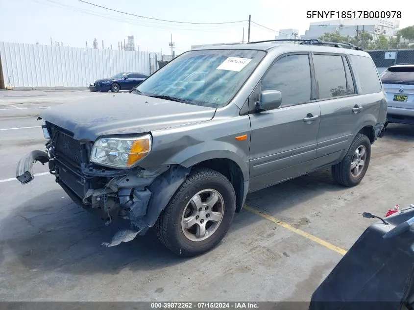 2007 Honda Pilot Ex-L VIN: 5FNYF18517B000978 Lot: 39872262