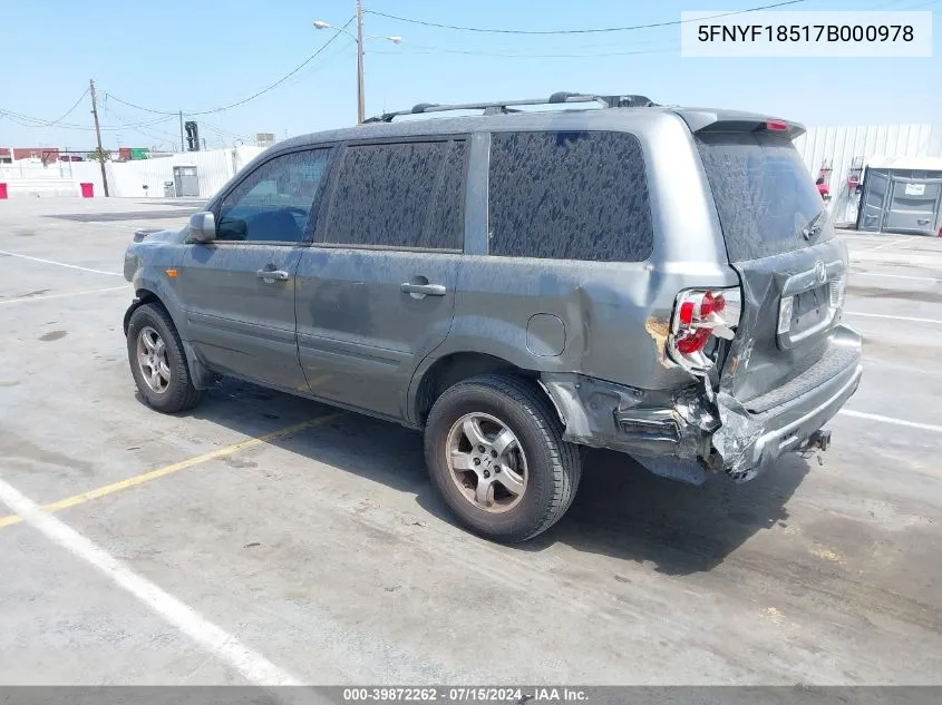 2007 Honda Pilot Ex-L VIN: 5FNYF18517B000978 Lot: 39872262