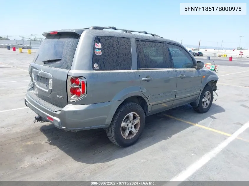 2007 Honda Pilot Ex-L VIN: 5FNYF18517B000978 Lot: 39872262