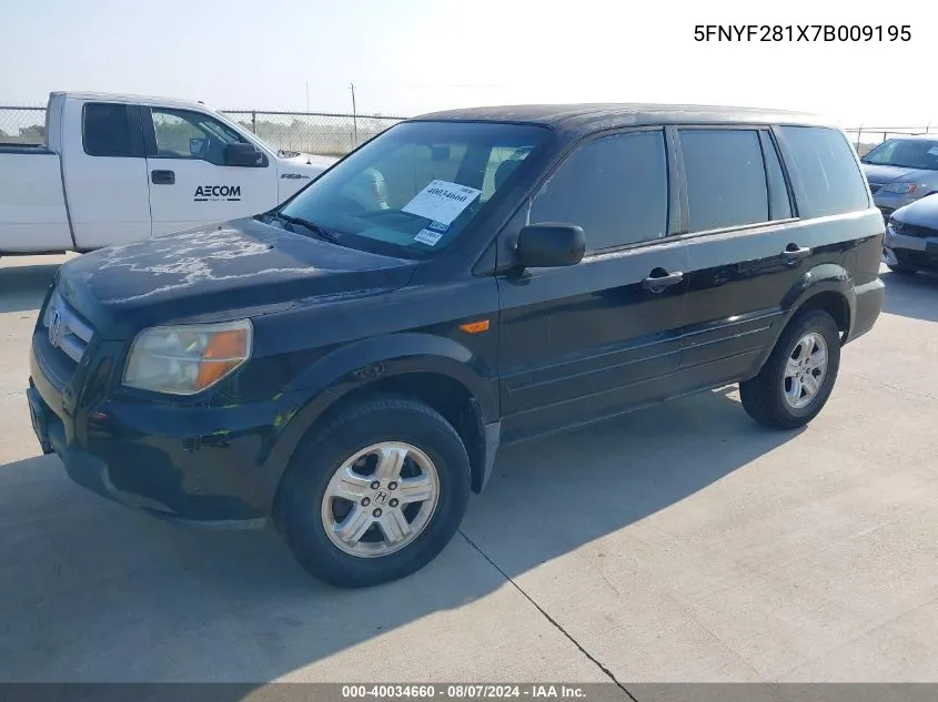 2007 Honda Pilot Lx VIN: 5FNYF281X7B009195 Lot: 40034660