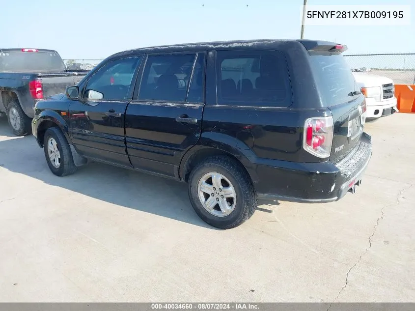 2007 Honda Pilot Lx VIN: 5FNYF281X7B009195 Lot: 40034660