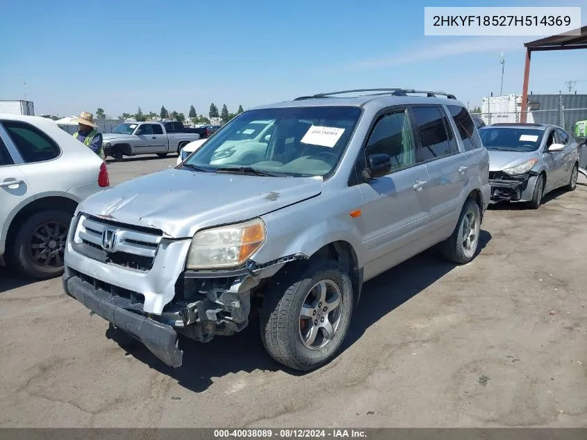 2007 Honda Pilot Ex-L VIN: 2HKYF18527H514369 Lot: 40038089