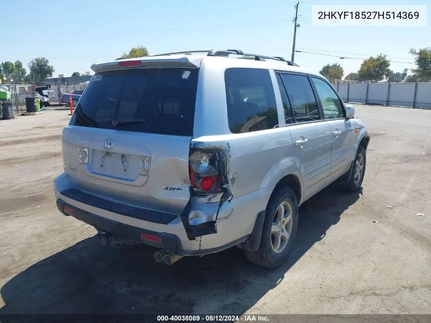 2007 Honda Pilot Ex-L VIN: 2HKYF18527H514369 Lot: 40038089