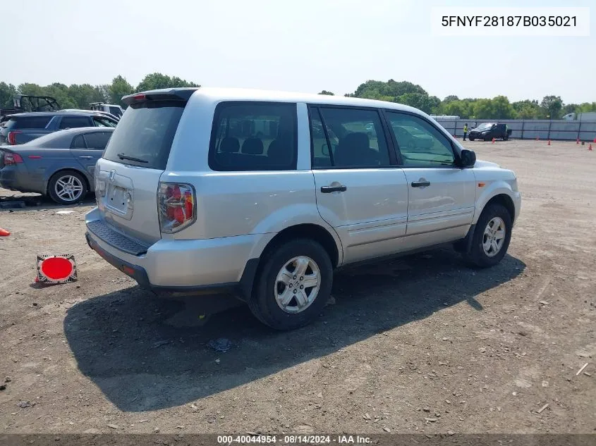 2007 Honda Pilot Lx VIN: 5FNYF28187B035021 Lot: 40044954