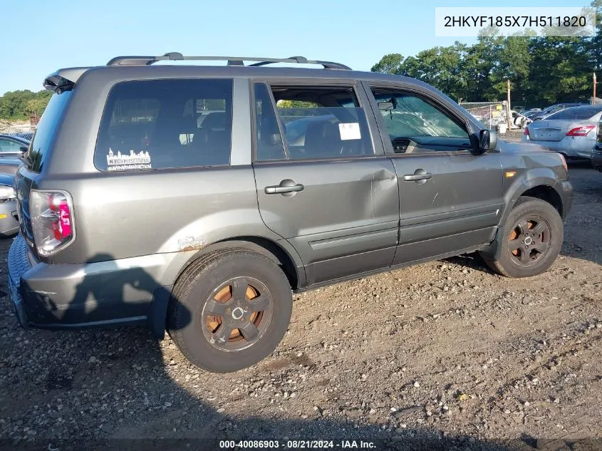 2007 Honda Pilot Ex-L VIN: 2HKYF185X7H511820 Lot: 40086903