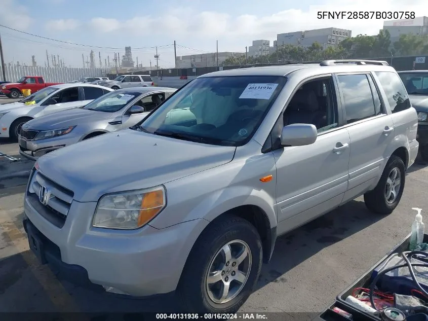 2007 Honda Pilot Ex-L VIN: 5FNYF28587B030758 Lot: 40131936