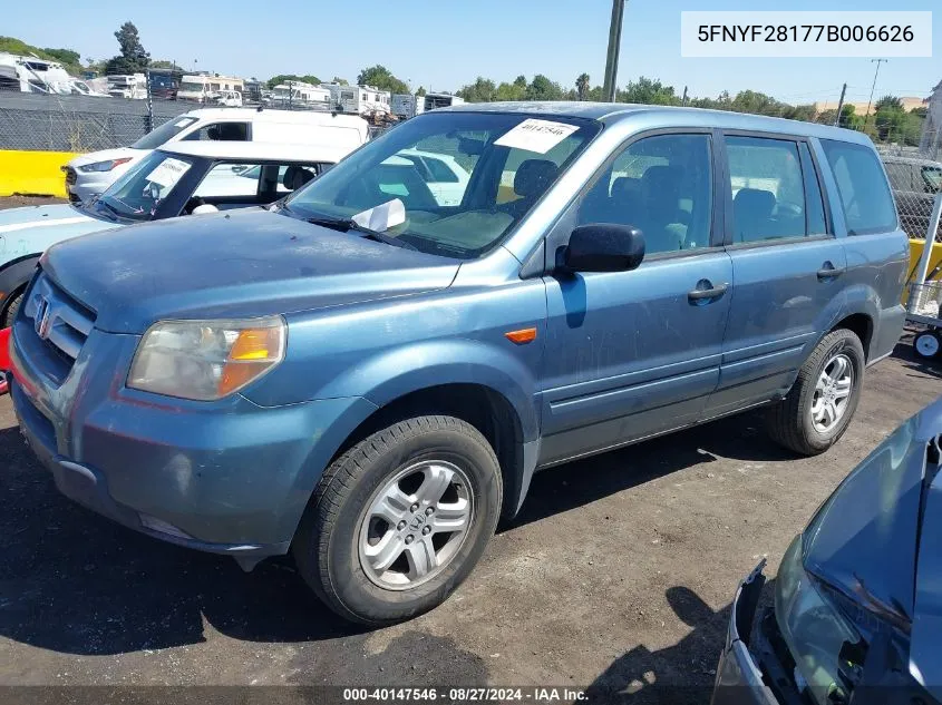 2007 Honda Pilot Lx VIN: 5FNYF28177B006626 Lot: 40147546