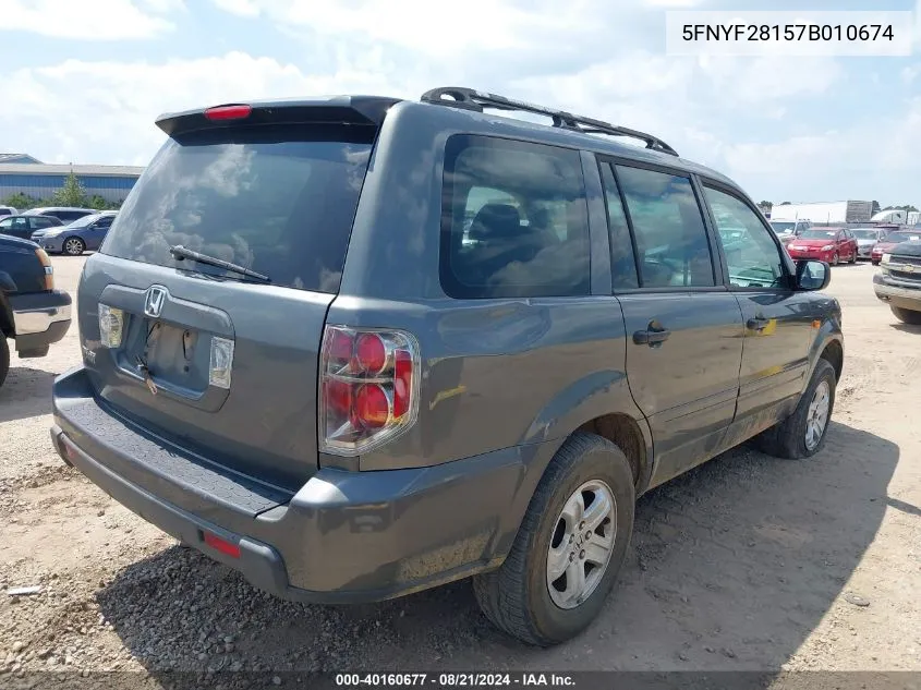 2007 Honda Pilot Lx VIN: 5FNYF28157B010674 Lot: 40160677