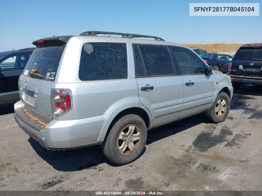 2007 Honda Pilot Lx VIN: 5FNYF28177B045104 Lot: 40218680