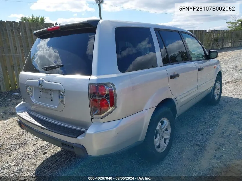 2007 Honda Pilot Lx VIN: 5FNYF28107B002062 Lot: 40267040