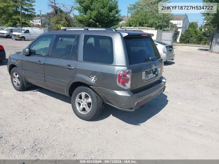 2007 Honda Pilot Exl VIN: 2HKYF18727H534722 Lot: 40335546