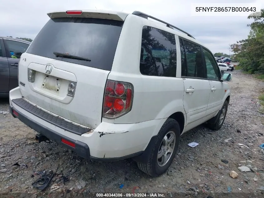 2007 Honda Pilot Ex-L VIN: 5FNYF28657B000643 Lot: 40344386