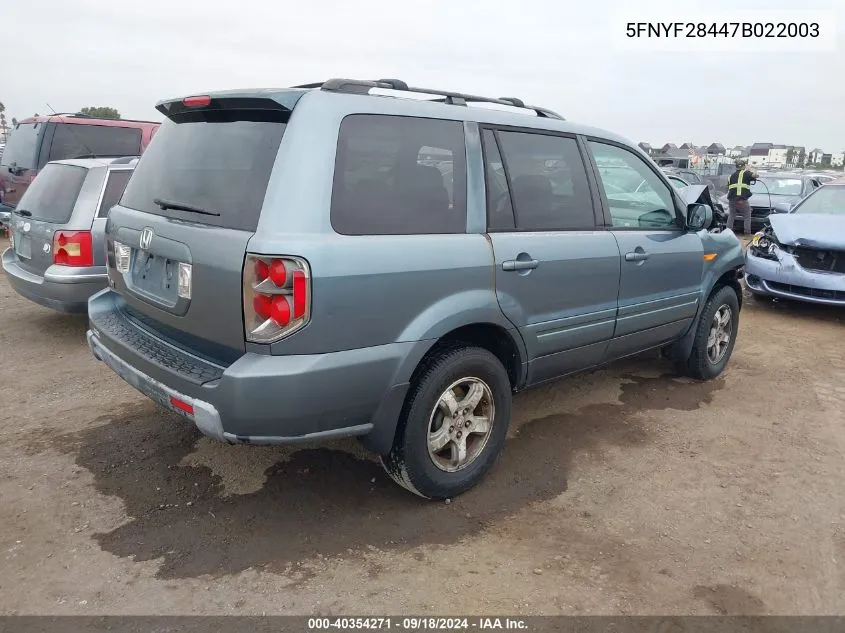 2007 Honda Pilot Ex VIN: 5FNYF28447B022003 Lot: 40354271