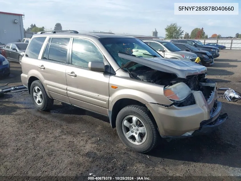 2007 Honda Pilot Ex-L VIN: 5FNYF28587B040660 Lot: 40679378