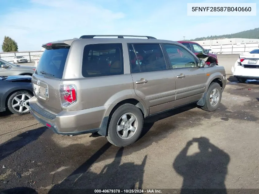 2007 Honda Pilot Ex-L VIN: 5FNYF28587B040660 Lot: 40679378