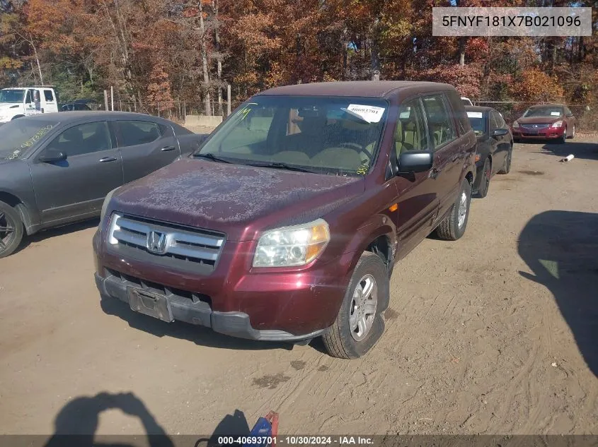 2007 Honda Pilot Lx VIN: 5FNYF181X7B021096 Lot: 40693701