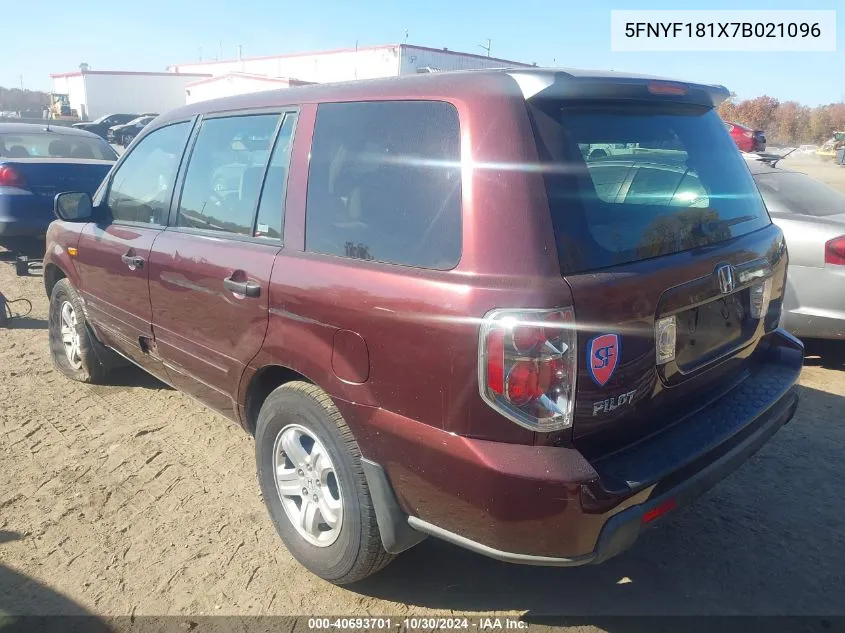 2007 Honda Pilot Lx VIN: 5FNYF181X7B021096 Lot: 40693701